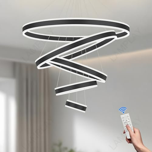LAMPLAY Runde Moderne LED-Pendelleuchte, 5 Schwarzer Ring-Kronleuchter, Dimmbar Mit Fernbedienung 3000K-6000K Deckenleuchte, Höhenverstellbar, Wohnzimmer, Schlafzimmer, Esszimmer(Ø20+40+60+80+100cm)