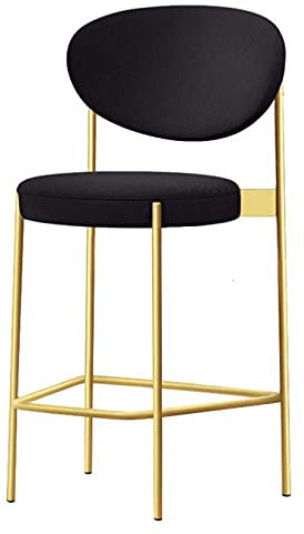 Moderner runder Barhocker aus Samt mit Rückenlehne, schwarze Metallbeine, hoher Hocker für Küche, Frühstück, Theke, Esszimmer, 75 cm Höhe, Schwarz + goldene Beine