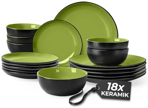 MIAMIO Geschirrset 6 Personen/Steingut Geschirr Set 18-teilig, Tafelservice Steingut, Schüssel- und Teller Set - Spülmaschinen- und Mikrowellenfest - Le Papillon Kollektion (18 Teile Set)