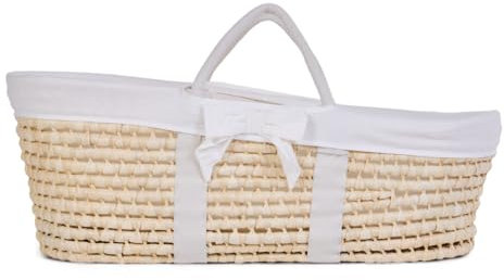 CHILDHOME, Couffin Osier pour bebe, Panier Moise en Feuille de Maïs, Matelas Inclu, Avec Poignées, Habillage Jersey Ecru