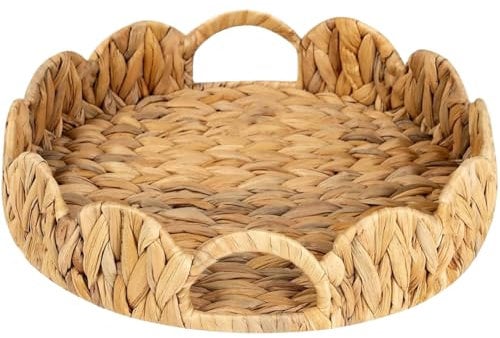 Licsaliwe Scalloped Basket, Water Hyacinth Woven Basket Trays, 12 Inch Round Rattan Serving Tray with Handle for Dining Table, Vanity, Bedroom, Kitchen