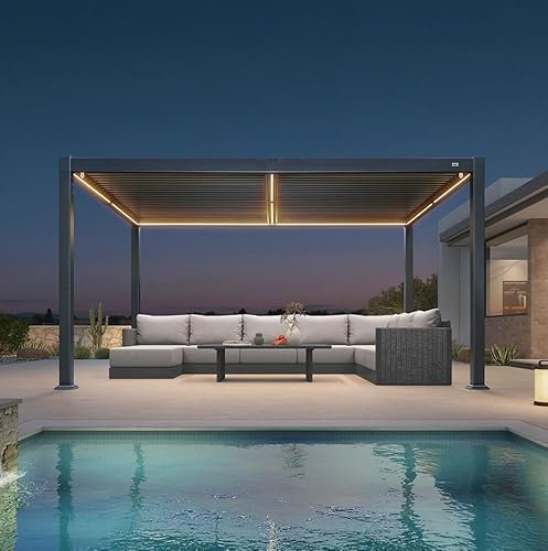 Wasserdichte Aluminium-Pergola mit verstellbaren Lamellen, LEDs und grauem Finish, für Garten, Terrasse und Carport, 3 x 3,65 m