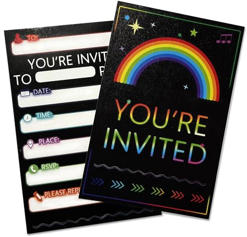 NICECONE Neon-Regenbogen-Party-Einladungskarten – 20 Stück, leuchtende Regenbogen-Themen-Einladungskarten, 10 x 15 cm, lebendige Geburtstagseinladungen für Kinder, Jugendliche, Disco, Festivals und