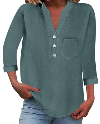 Hxiaen Lose Button Shirt Top Stand Volltonfarbe Ärmel Kragen Casual Damen Viskose (Green XL)