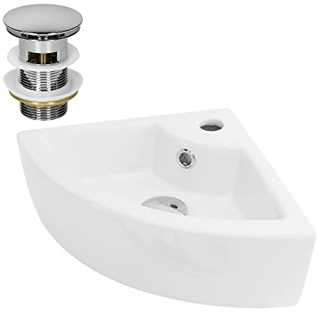 LuxeBath Waschbecken Eck Keramik Weiß 46x33x13cm eckig mit Ablaufgarnitur Silber, Aufsatzwaschbecken, Eckwaschbecken mit Überlauf, Wandmontage, Hängewaschbecken Waschtisch Waschplatz Handwaschbecken