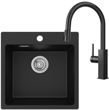 CECIPA Granitspüle Schwarz 45x45 cm mit Ausziehbarer Küchenarmatur, Rechteckige Einbauspüle Set mit 2 Hahnlöchern, Spülbecken Komplettset für Moderne & Stilvolle Küchen