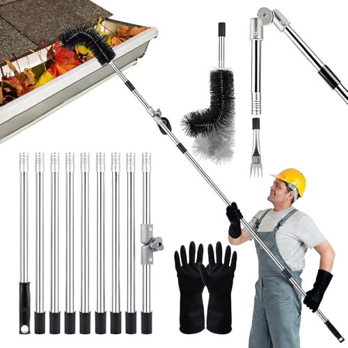 Gutter Cleaning Tools, 4M Length Adjustable Gutter Cleaning Pole with Gutter Scoop, Aluminum Alloy Joint, Adjustable Angle, for Removing Leaves, Debris & Spider Webs from Gardens Ditches Villas