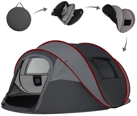 Camping Zelt, Pop Up Zelt 4-5 Personen, Automatisches Aufstellzelt in 3 Sekunden, Wurfzelte Wasserdicht Sonnenschutz, Familie Zelt, Tragbares Leichtes Kuppelzelt für Outdoor Camping (Dunkelgrau)