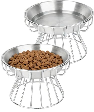 Elevated Cat Bowls, 5.9 Inch Wide Stainless Steel Cat Food Bowls with Metal Stand Whisker Stress-Free, Raised Food and Water Dish for Cats, Kitten, Puppies and Small Dogs-2 Pack