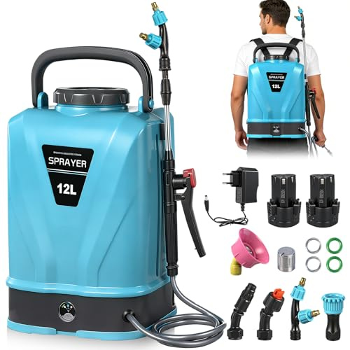 Bellanny Drucksprüher 12 Liter, Gartenspritze Pumpsprüher Akku Drucksprühgerät | Gartenspinklergerät Pflanzensprüher mit 5 Düse - 12V Elektrischer Sprühflasche für Garten,Pflanzen,Unkrautspritze,Auto