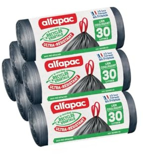 alfapac - carton de 90 sacs - lien coulissant - ultra-résistant - 6 x 30L | 6 rouleaux de 15 sacs - fabriqués en France - bi-matière recyclée & végétale
