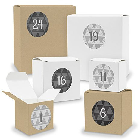 DIY itenga AdventskalenderSet V03 zum Selberbefüllen 24x Quader Würfel gemischt WEISS/BRAUN (Kraftkarton) + Sticker (Motiv Z25 Retro Grautöne)