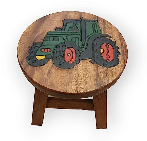 Kinaree Handgefertigter Kinder Hocker mit bunten Motiven - Massivholz Stuhl doppelt verstrebt (Traktor)