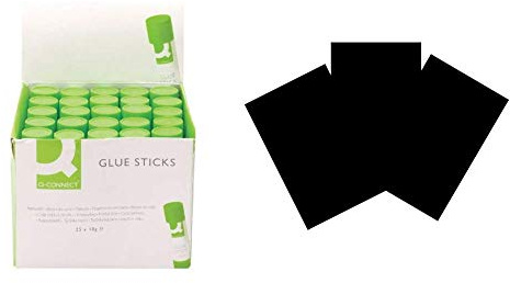 Q-Connect Glue Stick, 10 g, Pack of 25 &House of Card & Paper A4 160 gsm Card - Black, Pack of 100 Sheets
