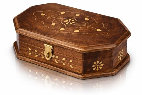 Excellente boîte à bijoux décorative faite à la main en bois avec serrure et porte-clés organisateur de bijoux pour souvenirs, coffre au trésor, boîte à bijoux avec cadenas 20,32 x 12,7 cm