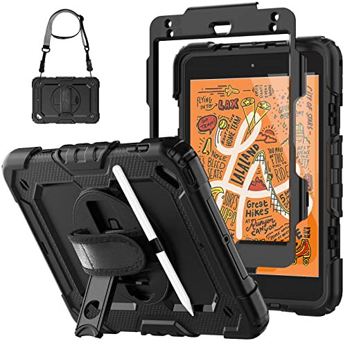 SEYMCY Case for iPad mini 5/4 (7.9-Inch 2019/2015 Model), Full-body Shockproof with Screen Protector, 360° Rotating Hand Strap & Stand, Pencil Holder, Shoulder Strap for iPad mini 5th/4th Gen, Black