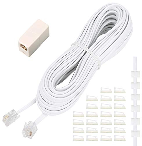 Uvital Phone Extension Cord 33 Ft, Telephone Cable with Standard RJ11 Plug and 1 in-Line Couplers and 20 Cable Clip Holders, White