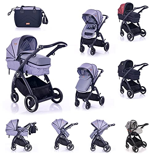 Lorelli Kombikinderwagen 2 in 1 Adria, Aluminiumrahmen, Wickeltasche, Adapter, Farbe:grau
