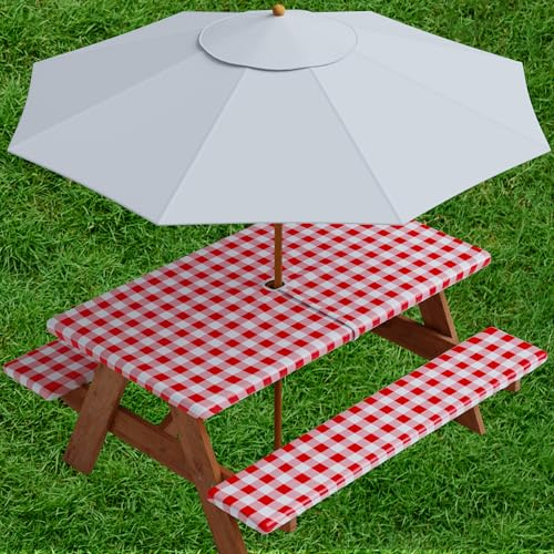 Sorfey Vinyl Regenschirm Picknicktisch und Bank Spannbetttuch Abdeckung Karo Design Flanell Rückseite Futter 76,2 x 152,4 cm 3-teiliges Set Rot