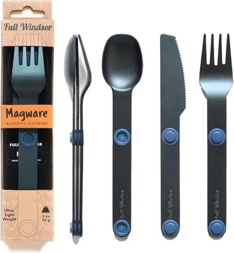 FULL WiNDSOR - MAGWARE Magnetic Travel Camping Cutlery Utensils Set | Travel Utensils for Outdoor Cooking, Dining, & Camping, Knife, Fork & Spoon, Portable Silverware & Pouch, Blue (3 PCS)