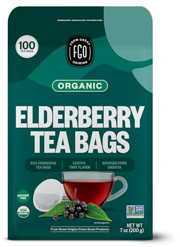 FGO Organic Elderberry Tea, 100 Count, Eco-Conscious Tea Bags, Resealable Bag, Packaging May Vary (Pack of 1)