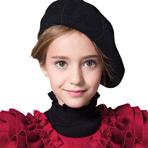 Kids Girl Wool Felt Beret Hat French Style Beanie Artist Hat Elegant Soft Stretchy Bowler Cap Classic Solid Winter Autumn Fashion Warmer Flat Caps Warm Dome Beret Headwear Black