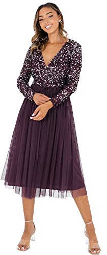 Maya Deluxe Women's Maya Deluxe Womens Ladies Wedding Guest Midi Long Sleeve Plunging Neckline V Neck Sequin Embel Bridesmaid Dress, Berry, 12 UK