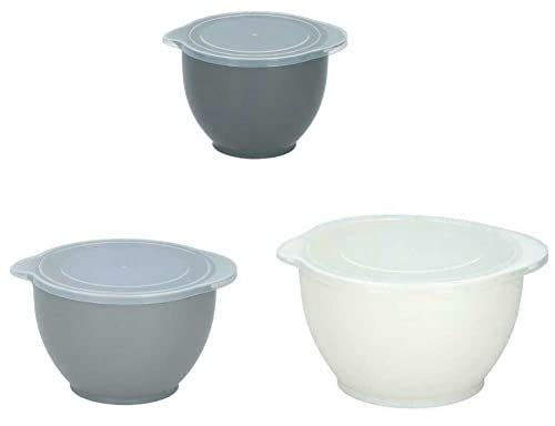 BAKAJI 3 x Ciotole Pasticceria per Mescolare Insalatiera Contenitori Preparazione Alimenti Dolci Cucina in Plastica con Manico Beccuccio e Coperchio Capacità 1,2LT/2LT/3,4LT Per Microonde Accessori