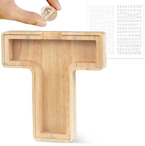 LEcylankEr Spardose Kinder Personalisierte A-Z Alphabet Sparbüchse Holz Spardose Dekoration Kreative groß Sparschwein als Geschenke für Geburtstag, Weihnachten und Thanksgiving (T)