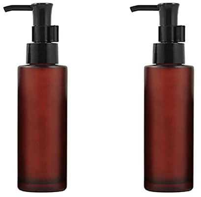 2PCS 100ML/3.4oz Amber Frosted Glass Lotion Pump Press Bottles with Black Pump Cosmetic Cream Lotion Container Dispenser Storage for Travel Business Trip Camping
