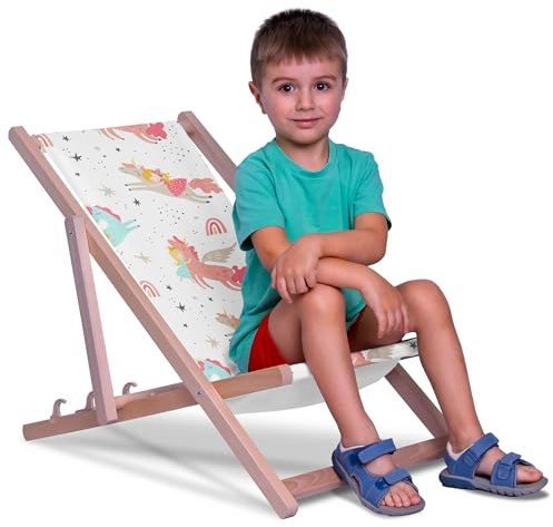 DreamRoots Kinder Liegestuhl Holz Gr. S, Unicorn Princess | Klappbarer Campingstuhl faltbar, für Garten & Strand, bis 130 kg, waschbarer Bezug, 100% Polyester, UV-beständig, Kinderliege