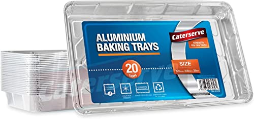 Caterserve Disposable Aluminium Foil Trays Containers for Baking Cooking Freezing and Storing Tray Size 32cm x 20cm x 3.3cm (40 Trays)