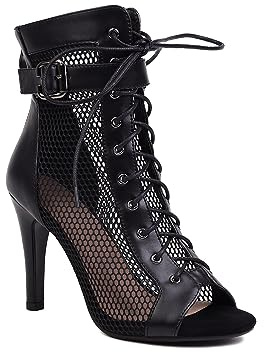 UTIKLIOU Womens Mesh Sandals Peep Toe High Top Sandals Lace Up Summer Boots Buckle Strap Party Sexy Pump Shoes Open toe (Black Size 7.5)