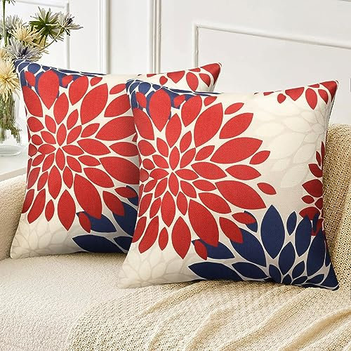 Velvhom Kissenbezug Sofakissen Leinen 2er Set Orange und Blau Dahlie Blumen Kissenhülle Frühling Sommer Herbst Winter Modern Weihnachten Deko Kissenbezüge für Wohnzimmer Garten Sofa Couch Kissen