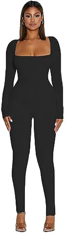 Hanaoops Women Yoga Jumpsuits Sexy Long Sleeve Square Neck Stretchy Sportswear Skinny One-Piece Yoga Workout Daily Wear BLACK/L