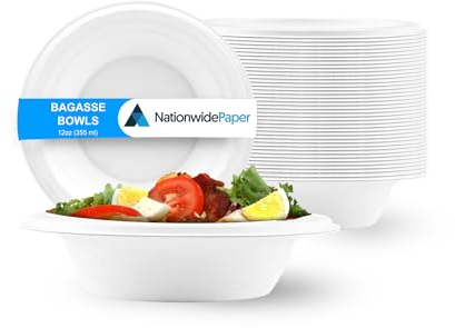 Nationwide Paper 12oz 100pcs White Bagasse Sugarcane Disposable Bowls, Strong Biodegradable Bowls for Hot Food, Soup, Salad (355ml)