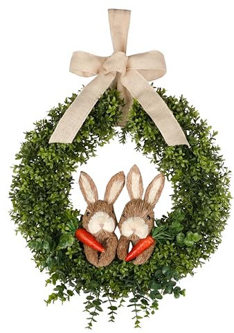 22 Spring Easter Wreath for Front Door - Easter Bunny Wreath - Artificial Green Boxwood Wreath with Burlap Bow & Sisal Bunnies - Spring Easter Holiday Decor for Home Door, Porch, Wall,Window