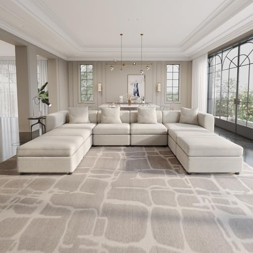 Guyii Velvet Sectional Sofa, Modern Oversized 8-Seater Sofa with 4 Pillows and Storage Footstool, 380CM Long Convertible Sofa with Cushions, U-Shaped Sofa for Living Room, Apartment, Home