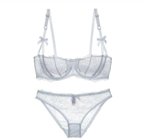 WEITING Girls 1/2 Half Cup Ultra Thin Bra Sexy Lace Big Breast Underwear Set-White-85B