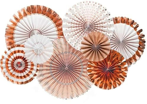 6-12 Pcs Hanging Paper Fans | Paper Fans Set for Party Decorations | Multi-Colored Round Wheel Disc | Paper Flower for Birthday, Wedding & Christmas Party (Rose Gold - 6 Pcs)