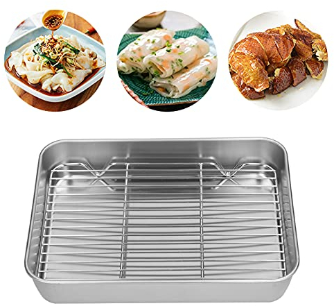 Bandeja de Horno con Rejilla de Enfriamiento, Bandeja Rectangular de Acero Inoxidable Asador Bandejas Rectangulares de Horno para Hornear, Freír, Apto para Lavavajillas (23,5 x 17,5 x 5 cm)