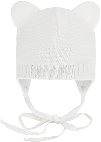 CiuchCiuch Baby-Mütze mit Ohren zum Binden - Wintermütze Mädchen Jungen Baby Kinde- Für Weihnachten - Zur Taufe - 100% Acryl - Futter aus Baumwolle und Elasthan - Weiß 34-36 cm