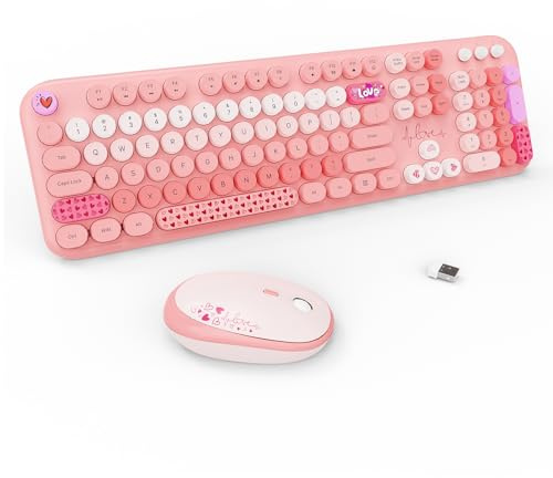 Combo de teclado y mouse inalámbricos, 104 teclas redondas de tamaño completo, lindo teclado y mouse inalámbricos rosa con máquina de escribir retro para
