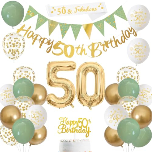 50th Birthday Decorations,Sage Green Gold White 50th Birthday Banners Balloons Cake Topper Sash Bunting Flags Number Helium Balloons for Men Women 50th Party Decor