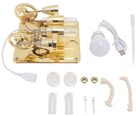 4-Zylinder-Heißluft-Stirlingmotor, Miniatur-Heißluft-Stromgenerator, Physiklabor, Lehrmodell, Werkzeug, Miniatur-Stromgenerator für Kinder, Studenten, Wissenschaftsprojekte, (Gold)