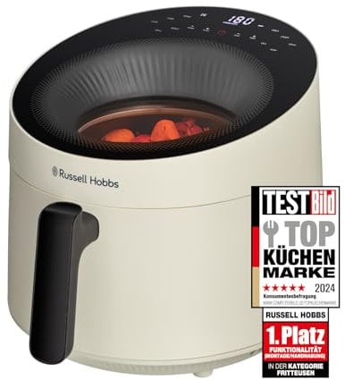 Russell Hobbs Friggitrice ad aria Panoramica, 5 L,no olio, 10 programmi di cottura, lavabile in lavastoviglie, friggere, grigliare, cuocere al forno, 200°C, Crema, 27421-56