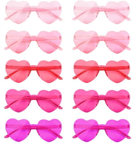 NACHLYNN 10 Paar Herz Sonnenbrille Rosa Serie Farben Randlose Herzförmige Sonnenbrille für Damen Transparente Bonbonfarbene Herzbrille für Valentinstag Partygeschenke