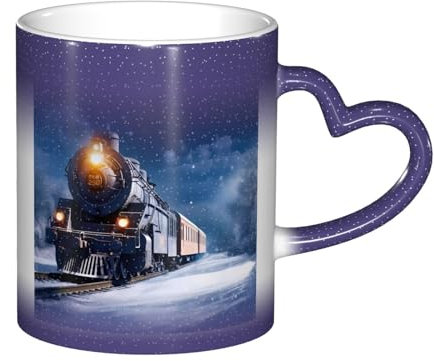SGZLZBWK Kaffeetasse mit Farbwechsel, Motiv: Winter, Weihnachten, Schnee, Nacht, Eisenbahn, Zug, magisch, hitzeempfindlich, Keramikbecher