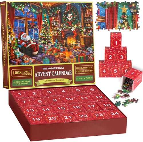 Puzzle Advent Calendar 2025 for Kids & Adults - 24 Days Christmas Countdown with 1008 Pieces Xmas Puzzles, Xmas Gift for Girls & Boys, and for Home Wall Decor