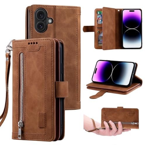 UEEBAI Wallet Case for iPhone 16 6.1, Retro 9 Card Holder Slots Zipper Pocket Handbag Case PU Leather Magnetic Closure Kickstand with Wrist Strap TPU Shockproof Flip Case - Brown
